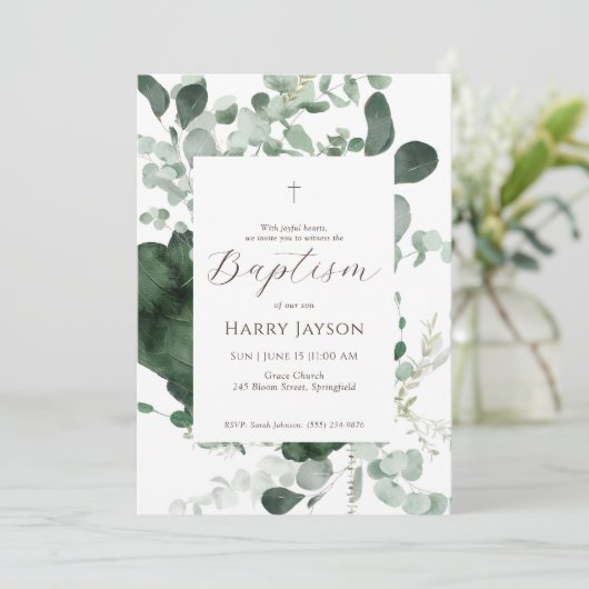 Groen Eucalyptus Doopsel Uitnodiging (Staand voorkant)