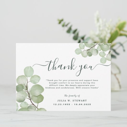 Groen Eucalyptus Elegant Begrafenis Hartelijk dank Kaart (Staand voorkant)