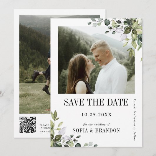 Groen Eucalyptus Emerald Rustieke Trouwfoto Save The Date (Voorkant / Achterkant)