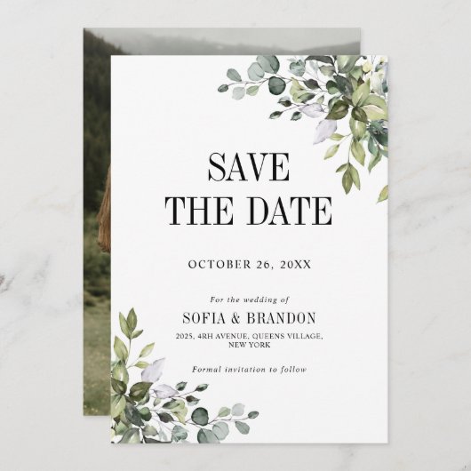 Groen Eucalyptus Emerald Rustieke Trouwfoto Save The Date (Voorkant / Achterkant)
