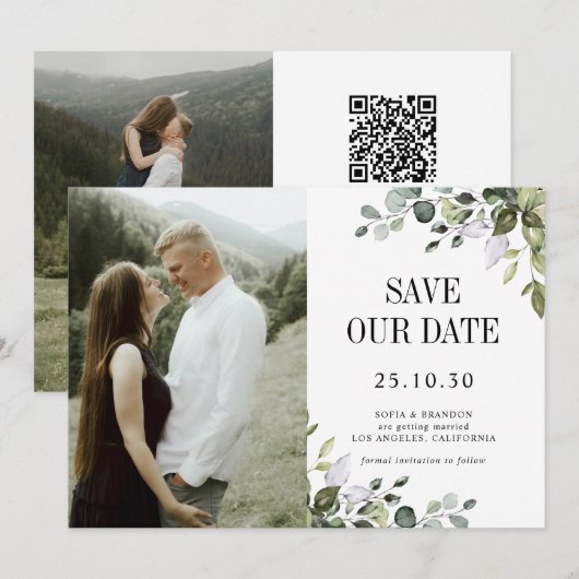 Groen Eucalyptus Emerald Rustieke Trouwfoto Save The Date (Voorkant / Achterkant)