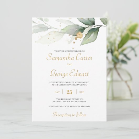 Groen eucalyptus en goud spatten boho bruiloft kaart (Staand voorkant)