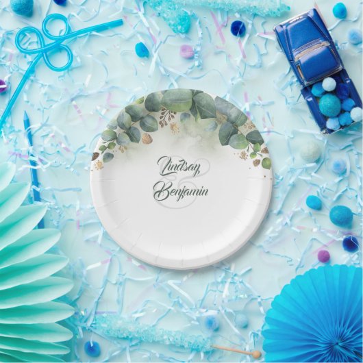 Groen - Eucalyptus en gouden bladeren bruiloft Papieren Bordje (Feest)