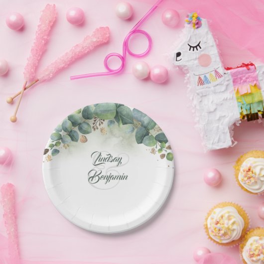 Groen - Eucalyptus en gouden bladeren bruiloft Papieren Bordje (Feest)