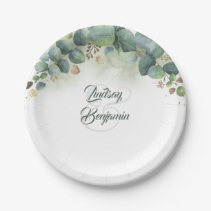 Groen - Eucalyptus en gouden bladeren bruiloft Papieren Bordje