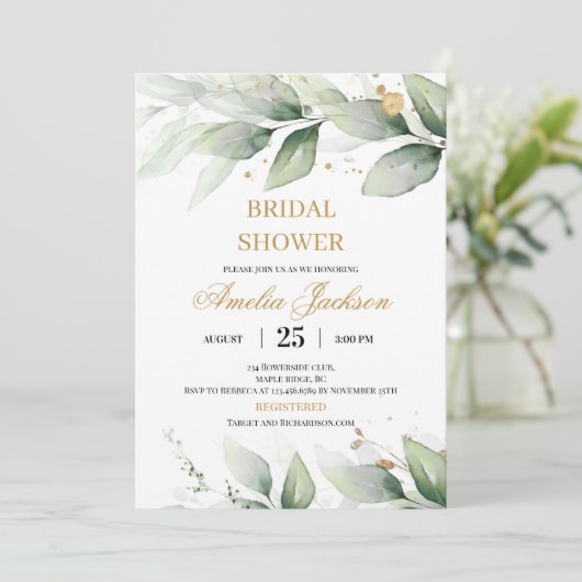 Groen eucalyptus en gouden sprankelende bruids kaart (Staand voorkant)