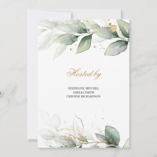 Groen eucalyptus en gouden sprankelende bruids kaart (Achterkant)