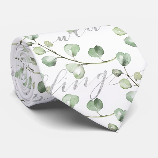 Groen Eucalyptus & Fancy Zilveren Bruiloftschrift Stropdas (Opgerold)