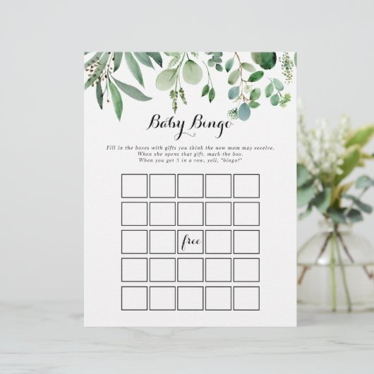 Groen Eucalyptus Foliage Baby Bingo Shower Game (Staand voorkant)