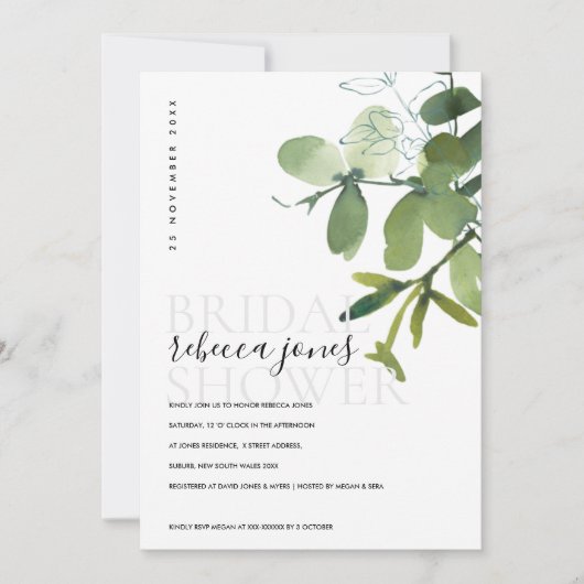 GROEN EUCALYPTUS FOLIAGE WATERVERF VRIJGEZELLENFEE AANKONDIGING (Voorkant)