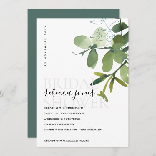 GROEN EUCALYPTUS FOLIAGE WATERVERF VRIJGEZELLENFEE AANKONDIGING (Voorkant / Achterkant)