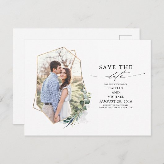 Groen Eucalyptus Foto De datum opslaan Aankondigingskaart (Voorkant / Achterkant)