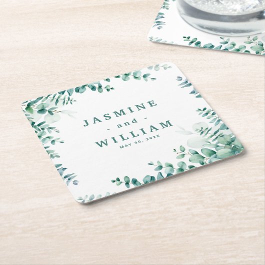 Groen Eucalyptus Frameborder Huwelijk Kartonnen Onderzetters (Schuin)