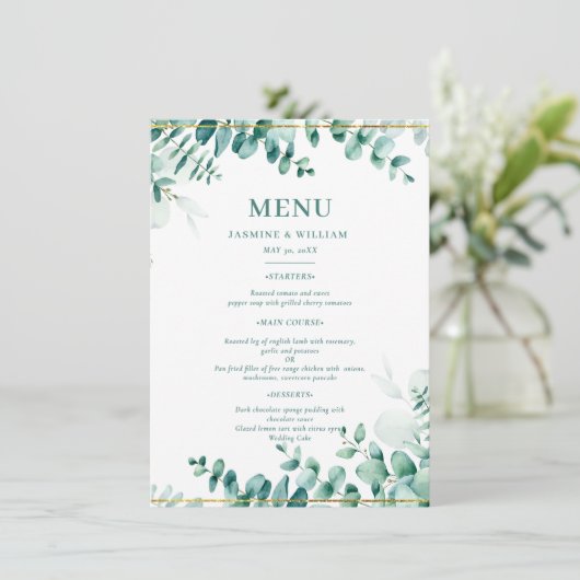 Groen Eucalyptus Frameborder Huwelijk Menu (Staand voorkant)