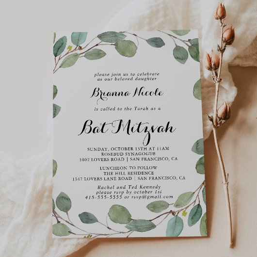 Groen Eucalyptus gebladerte Bat Mitzvah Kaart