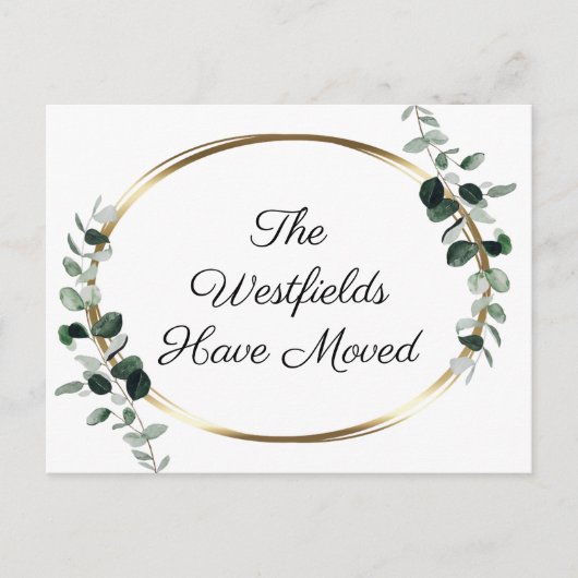 Groen Eucalyptus Gold Metallic - nieuw adres Aankondigingskaart (Voorkant)