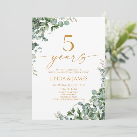 Groen Eucalyptus Goud 5e bruiloft Jubileum Kaart (Staand voorkant)