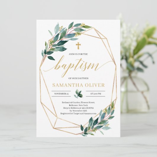 Groen eucalyptus goud geometrisch lijst doop kaart (Staand voorkant)