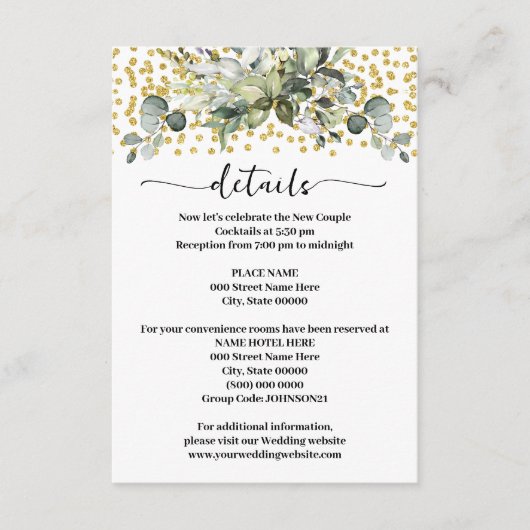 Groen Eucalyptus Goud Glitter Bruiloft Details Informatiekaartje (Voorkant)