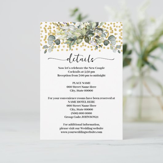 Groen Eucalyptus Goud Glitter Bruiloft Details Informatiekaartje (Staand voorkant)
