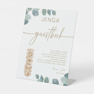 Groen Eucalyptus Goud Jenga Gastenboek Bruiloft Reclamebord Met Voetstuk