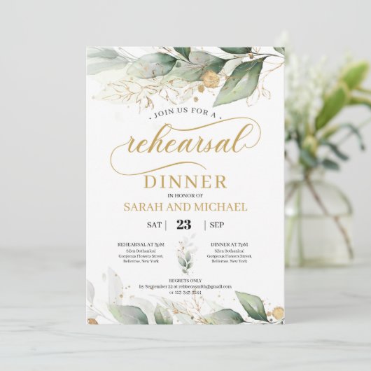 Groen eucalyptus gouden bladeren repetitie diner kaart (Staand voorkant)