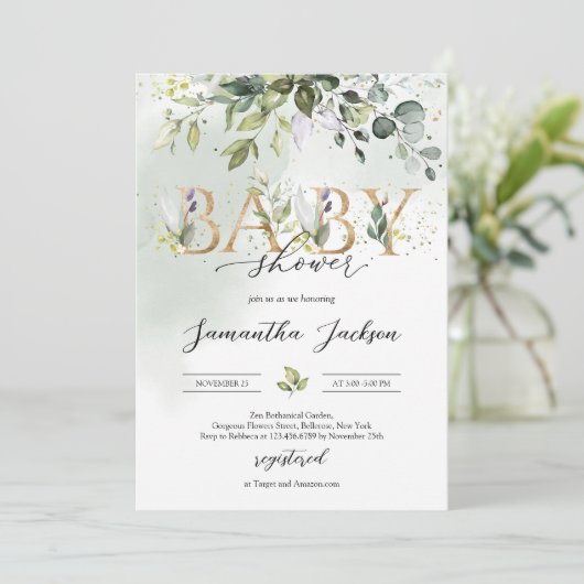 Groen eucalyptus gouden letters boho baby shower kaart (Staand voorkant)