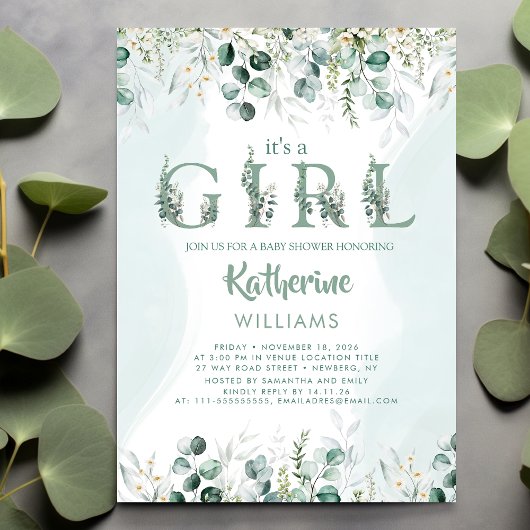 Groen Eucalyptus Het is een meisje Baby shower Kaart