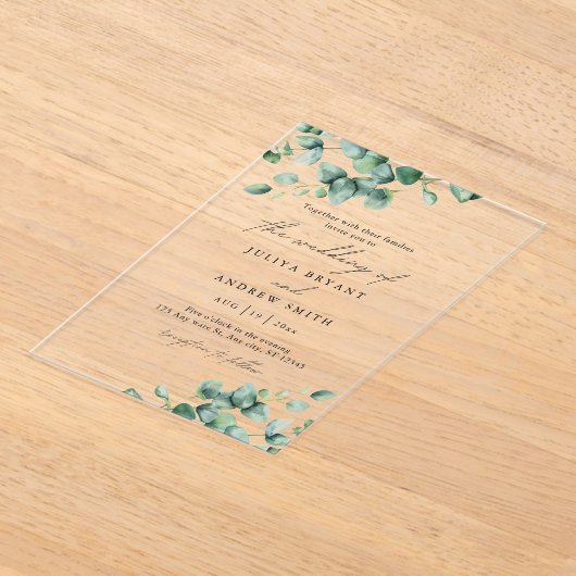 Groen Eucalyptus in wit script bruiloft Acryl Uitnodigingen (Laagn)