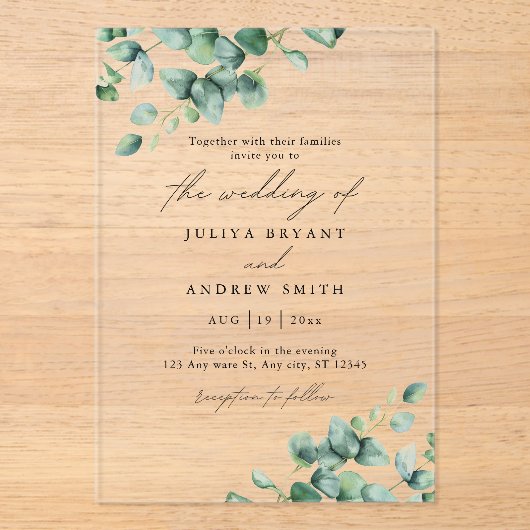 Groen Eucalyptus in wit script bruiloft Acryl Uitnodigingen (Voorkant)