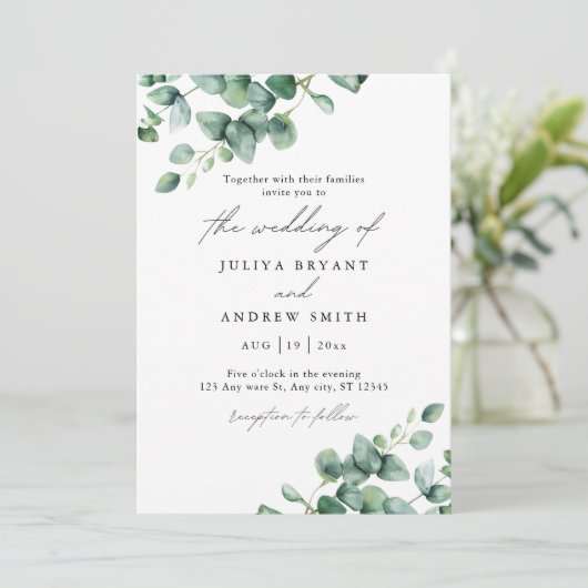 Groen Eucalyptus in wit script bruiloft Kaart (Staand voorkant)