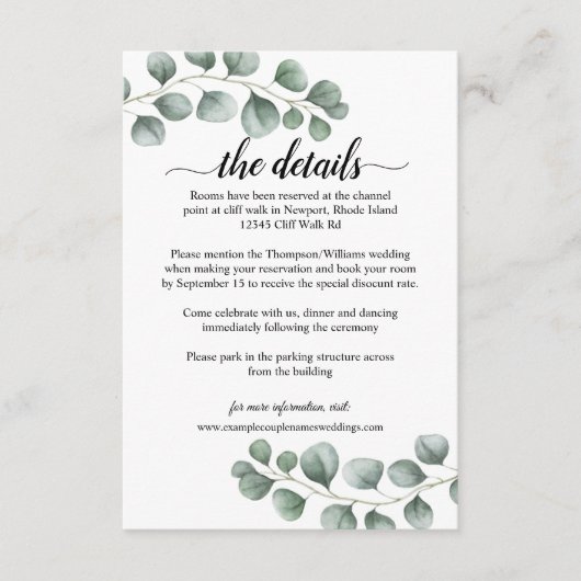 groen eucalyptus kalligrafie bruiloft details informatiekaartje (Voorkant)