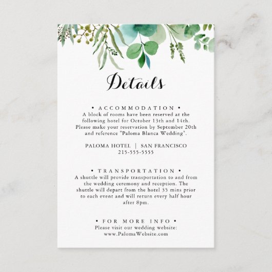 groen eucalyptus kalligrafie bruiloft details informatiekaartje (Voorkant)