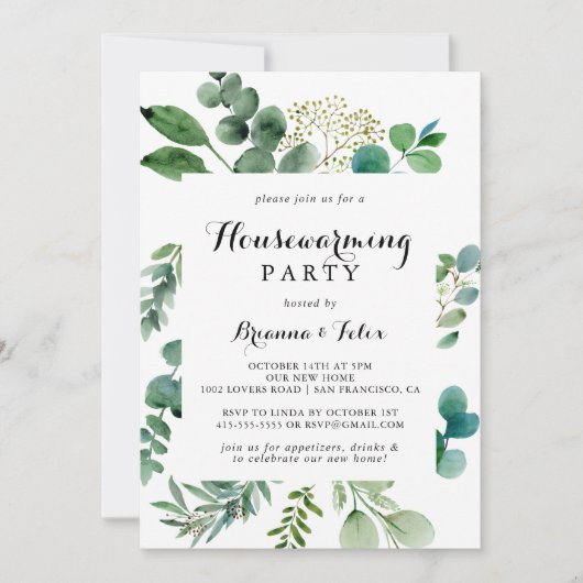 Groen Eucalyptus Kalligrafie Housewarming Party Kaart (Voorkant)