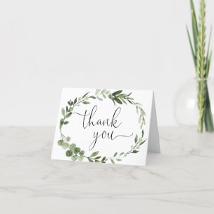 Groen eucalyptus krans gebladerte modern script bedankkaart