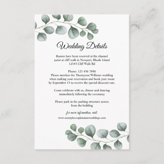 groen eucalyptus laat bruiloft details informatiekaartje (Voorkant)