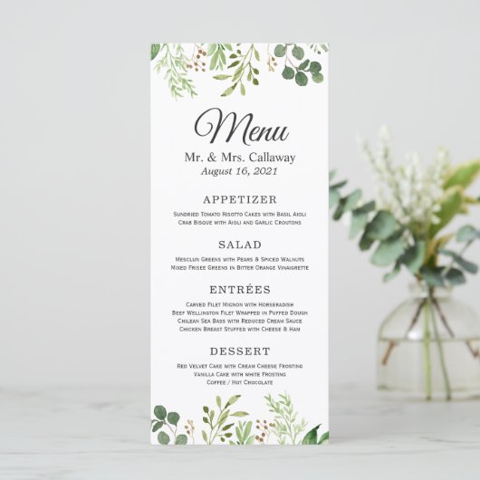 Groen Eucalyptus laat elegante chique bruiloft ach Menu (Staand voorkant)