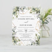 Groen eucalyptus laat gouden lijsten bruiloft kaart (Staand voorkant)