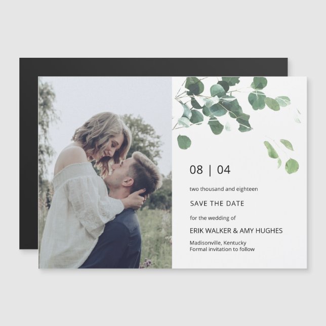 Groen Eucalyptus Leaf Mod Font Save the Date (Voorkant / Achterkant)