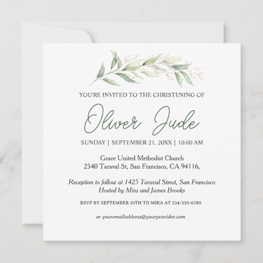 Groen Eucalyptus loof doopuitnodiging Kaart (Achterkant)