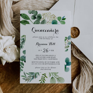 Groen Eucalyptus Moderne kalligrafie Quinceañera Kaart