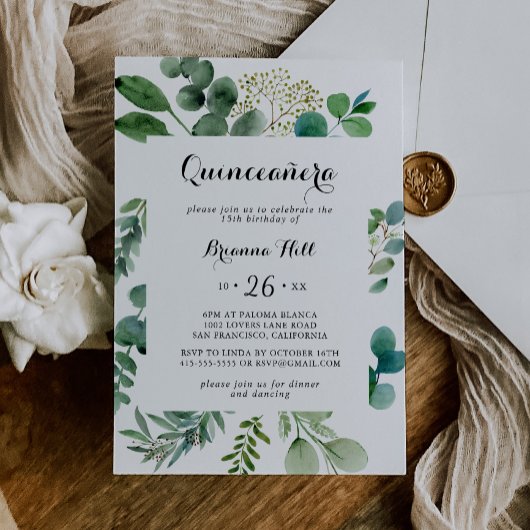 Groen Eucalyptus Moderne kalligrafie Quinceañera Kaart