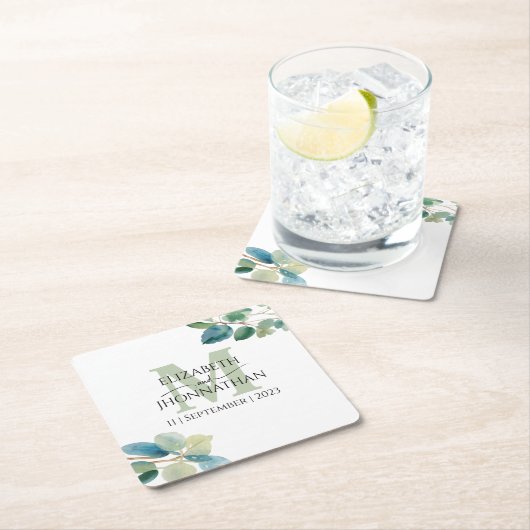 Groen eucalyptus monogram bruiloft kartonnen onderzetters (Insitu)