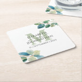 Groen eucalyptus monogram bruiloft kartonnen onderzetters (Schuin)
