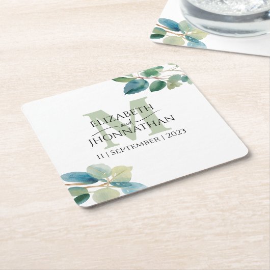Groen eucalyptus monogram bruiloft kartonnen onderzetters (Schuin)