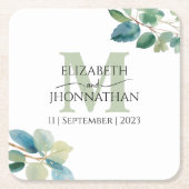 Groen eucalyptus monogram bruiloft kartonnen onderzetters (Voorkant)