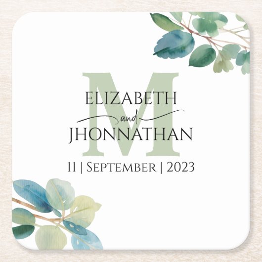 Groen eucalyptus monogram bruiloft kartonnen onderzetters (Voorkant)