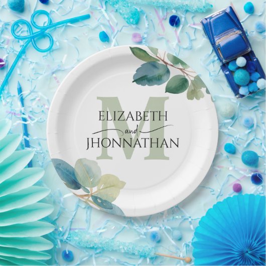 Groen eucalyptus monogram bruiloft papieren bordje (Feest)