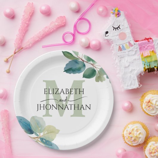 Groen eucalyptus monogram bruiloft papieren bordje (Feest)