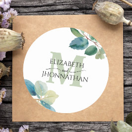 Groen eucalyptus monogram bruiloft ronde sticker
